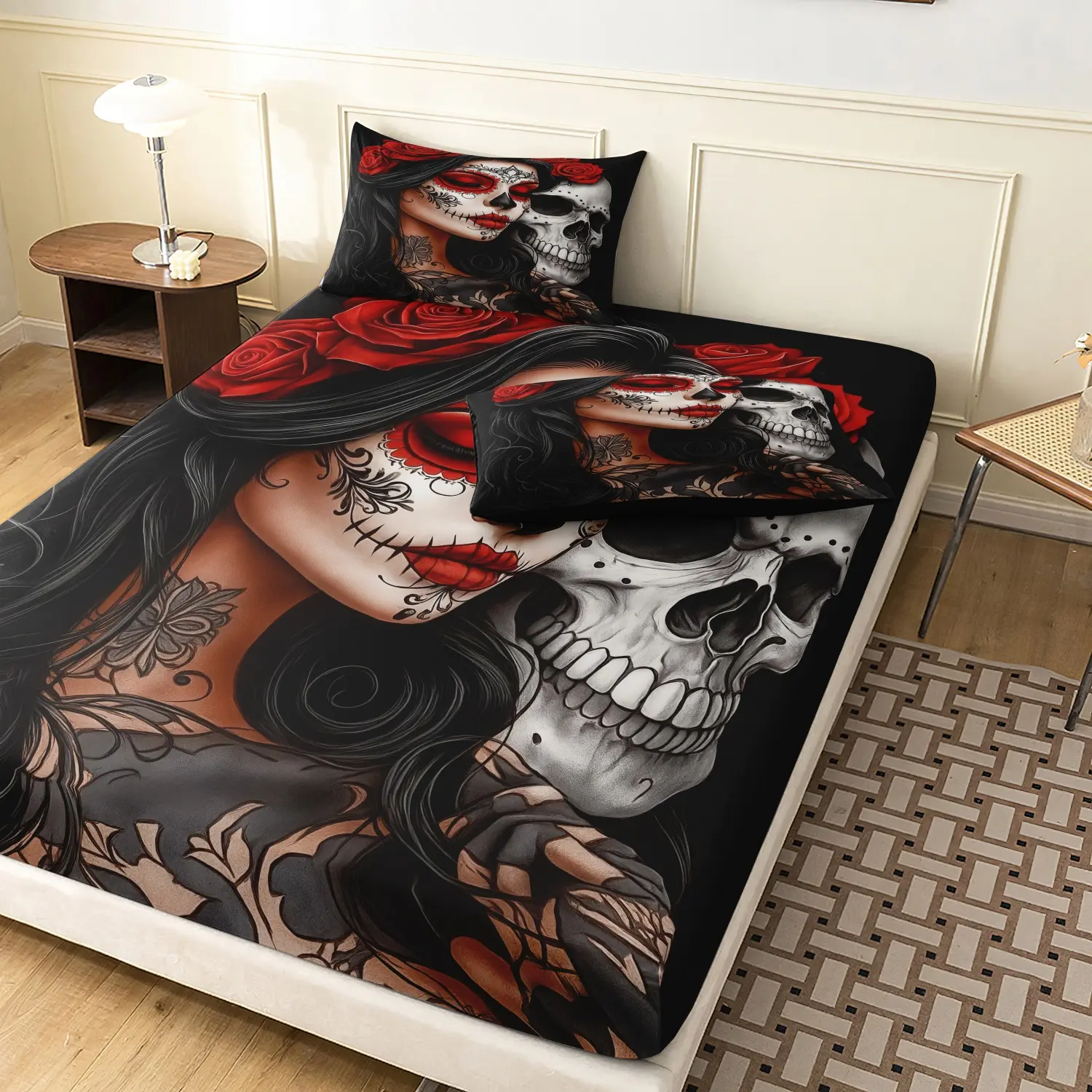 3Pcs Skull Print Fitted Bed Sheet, Dark Gothic Red Rose Microfiber Bed Sheet Set, Polyester Bedding, Bedding Supplies, Deep Pocket Fitted Sheet & Mattress Protector, For Family Dormitory Hotel Bedding Thick Mattress ( No Pillow)