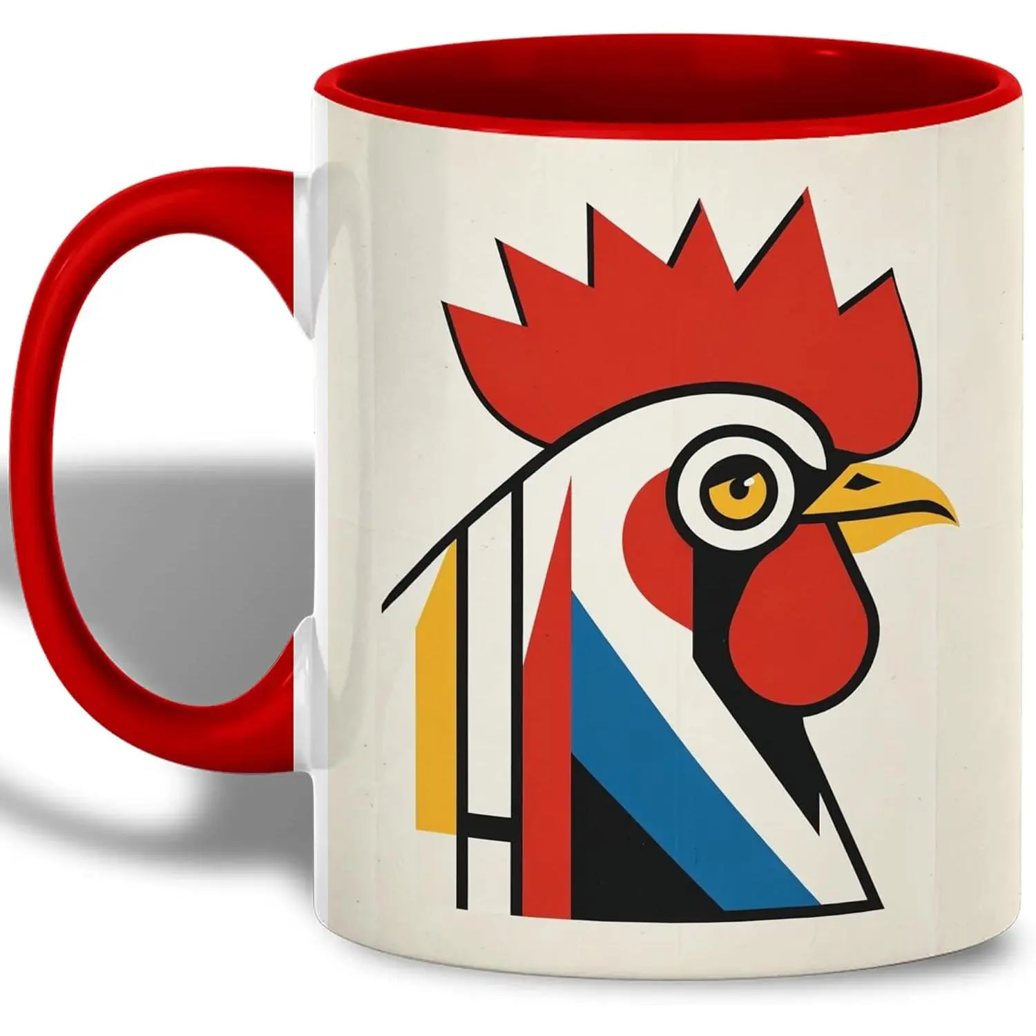 Geometric Rooster Coffee Mug, Modern Farm Animal Ceramic Mug, Graphic Farmhouse Morning Gift, Bold Folk Chicken Illustration Detail, 11oz Accent Ceramic Cup With Red Handle For Kitchen Decor, Halloween Gifts, Christmas Gifts