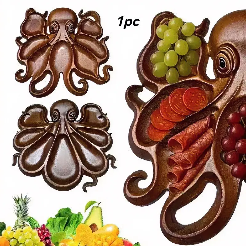 1Pc Octopus Charcuterie Board Wood Serving Platter Divided Tray Nautical Coastal Beach House Boho Aesthetic Divided Compartments Hand Carved Wooden Details For Meat Cheese Fruit Kitchen Party Hosting Picnic Gift  Octopus Charcuterie Platter TikTok Shop