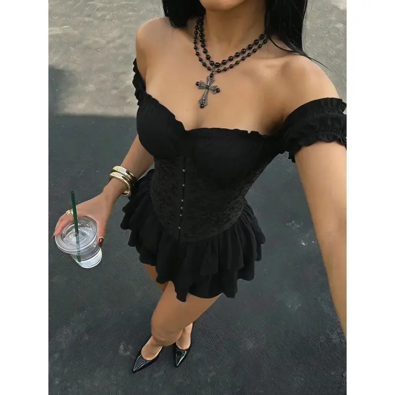 Women's Gothic A-Line Short Dress - Off-Shoulder Chiffon Party Dress with Ruched Jacquard Waist & Ruffle Trim, Elegance, Comfortable, Skirt, Clothes For Women