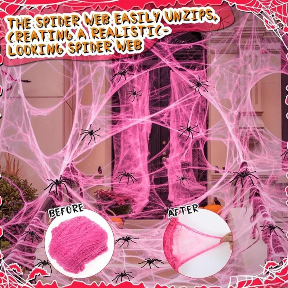 Pastel Pink Stretchable Decorative Spider Webs, Soft Stretch Cotton Cobweb Prop for Spooky Cute Halloween Parties & Haunted House Styling
