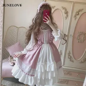 Alice In Wondeland Cute Women's Lolita OP Dress Flouncing Lace Trim Japanese Harajuku Long Sleeves Doll Dress Fairy Vestidos