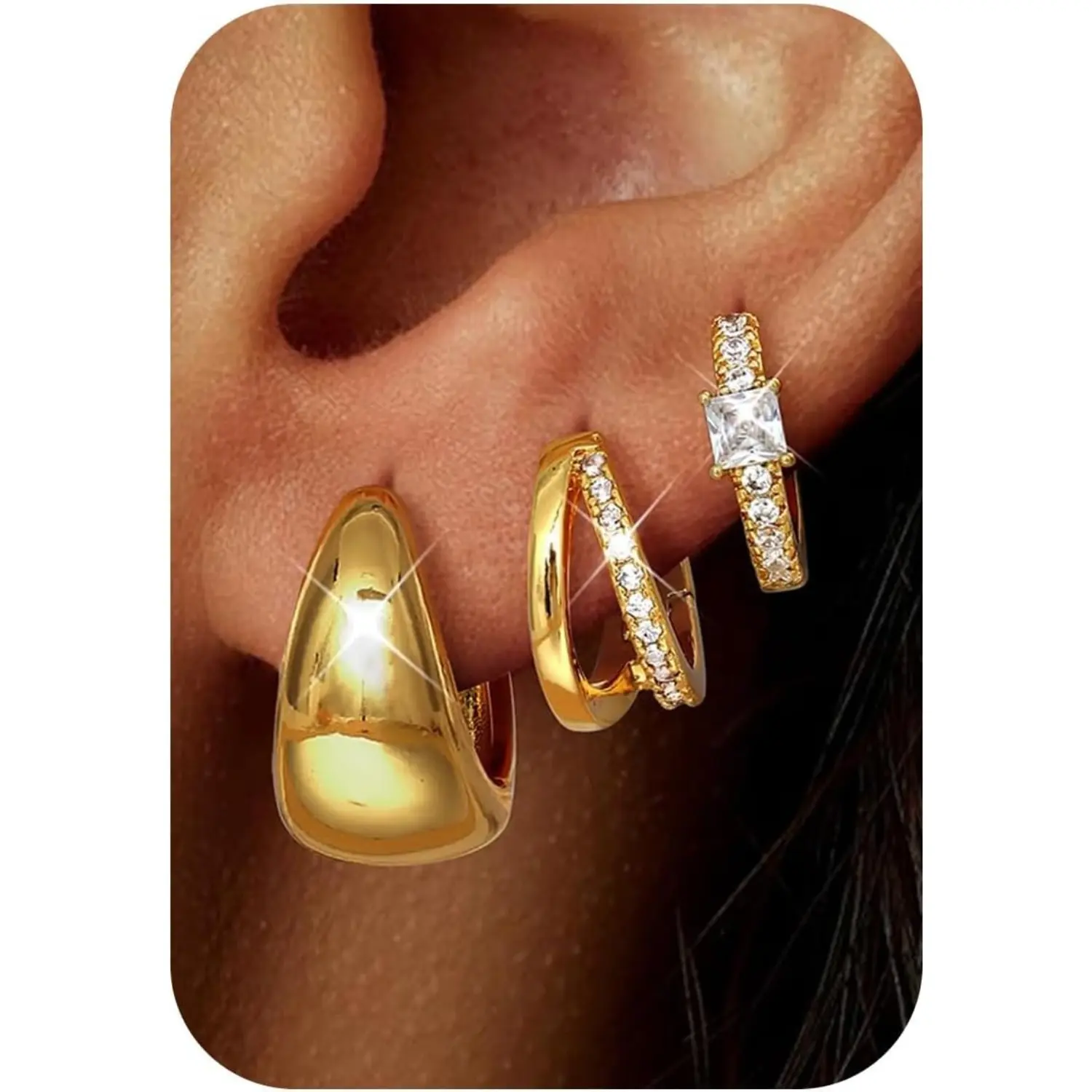 FIASASO 3Pairs Gold Hoop Earrings Set for Women Trendy Huggie Hoop Earrings Stacks for Multiple Piercing 14K Plated Gold Chunky Hoop Earrings Set Hypoallergenic Cartilage Earring Lightweight