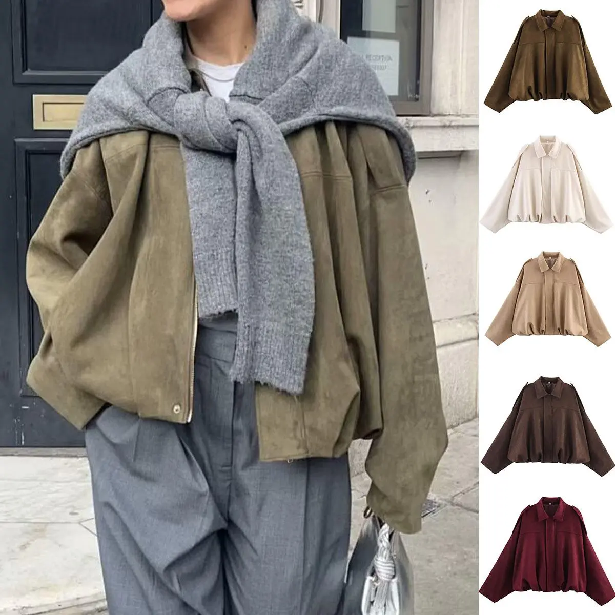 Women's Vintage Faux Suede Cropped Jacket - Long Sleeve, Relaxed Fit, Collared Neck, Zip-Up, Elastic Hem, Chic Work Outerwear