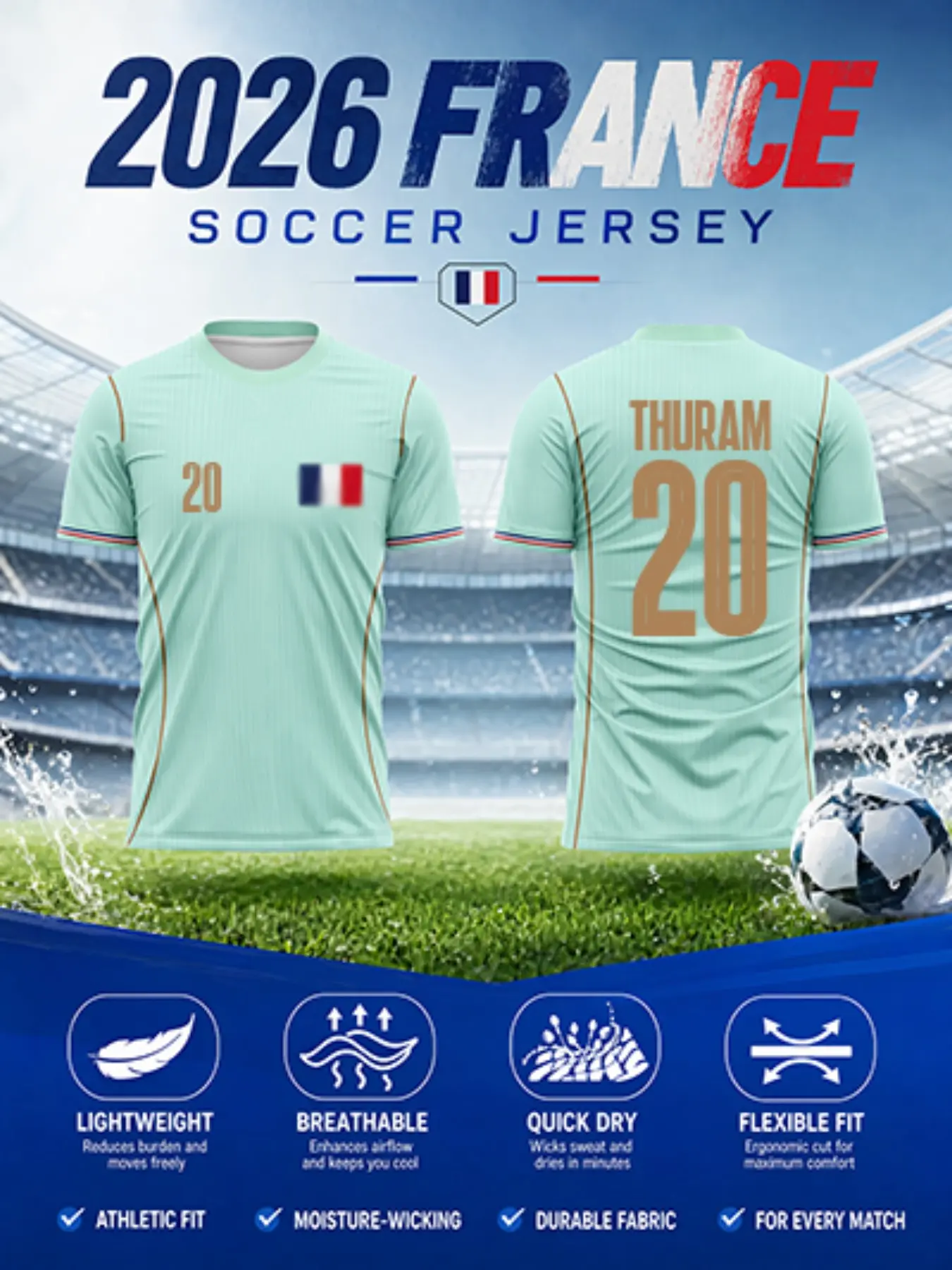 2026 France Away Soccer Jersey, Mint Vertical Stripes, Side Panel, Quick-Dry Mesh, Short Sleeve, Sporty Style, All Seasons