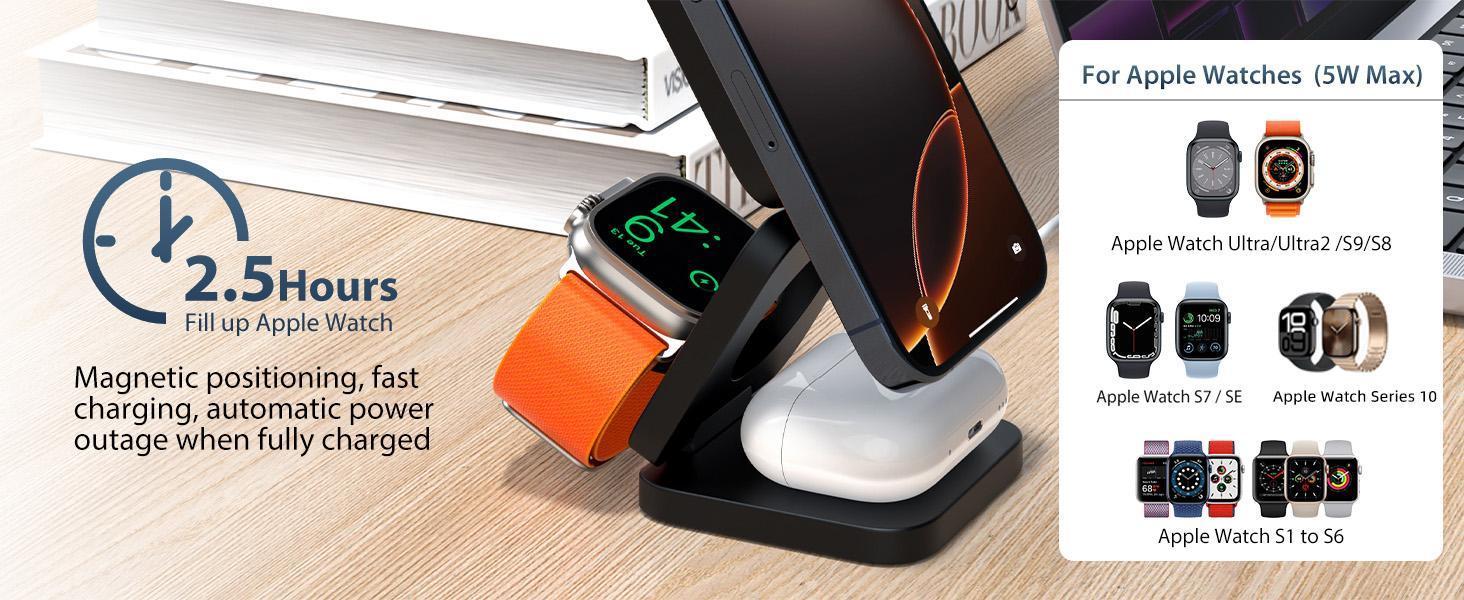 KUXIU X55 Foldable 3 in 1 Charging Station for Apple Devices, 15W Fast Magnetic Wireless Charger, Magent Travel Charger Stand for iPhone 16 15 14 13 12 Series, 5W for Apple Watch (Power Adapter not included)
