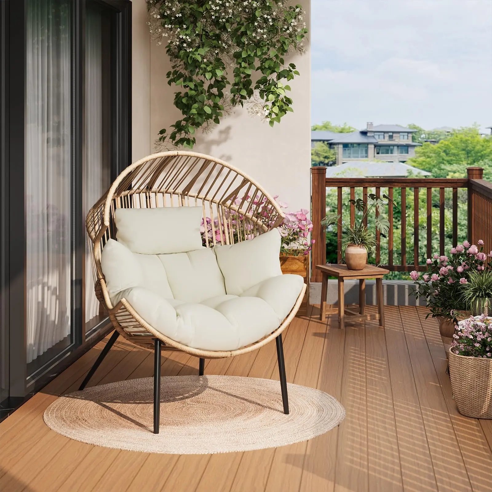 Garvee Oversized Wicker Egg Chair for Patio - Ergonomic Rattan Rocking Lounge Chair with Thick Cushion & Soft Pillow - Outdoor/Indoor for Garden, Backyard, Balcony - Natural Frame, Cream/Beige Cushion