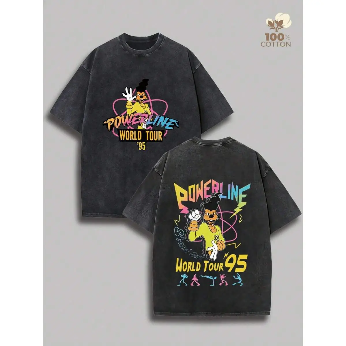 Powerline 95 World Tour Retro Washed T-Shirt, A Casual Summer Men's T-Shirt With A Y2K-Style GoofyBand Cartoon Print. Suitable For Everyday Wear, Outdoor Activities, Sports, Holidays, And Parties, And A Top Choice For Gifting.