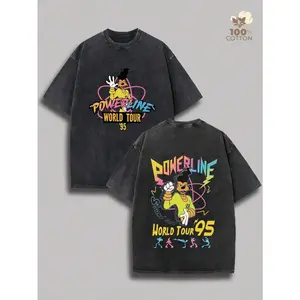 Powerline 95 World Tour Retro Washed T-Shirt, A Casual Summer Men's T-Shirt With A Y2K-Style GoofyBand Cartoon Print. Suitable For Everyday Wear, Outdoor Activities, Sports, Holidays, And Parties, And A Top Choice For Gifting.
