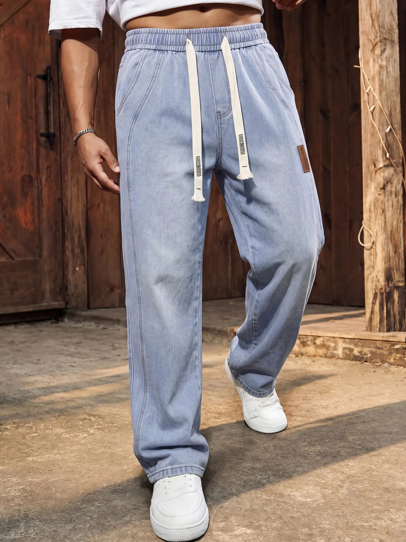 【Size Up for Big Butt/Hips】Men's Casual Regular Fit Straight Leg Jeans Elastic Drawstring Waist Loose Denim Pants