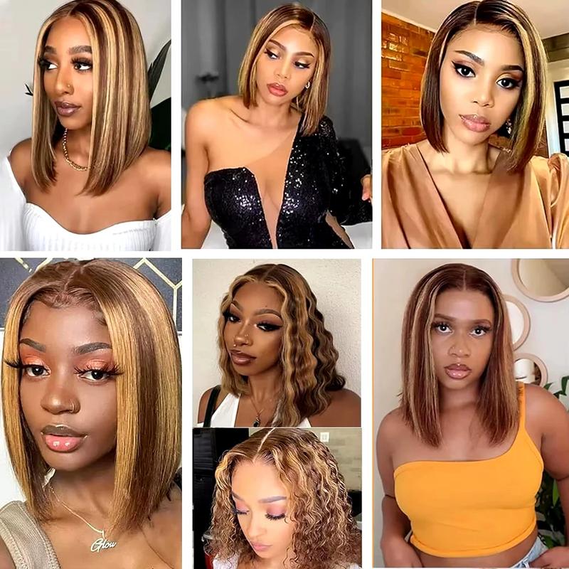 14 Inch Highlight Short Bob Human Hair Wigs 4/27 Color Brazilian Hair Honey Blond Straight 13x4 Lace Front Wigs For Black Women