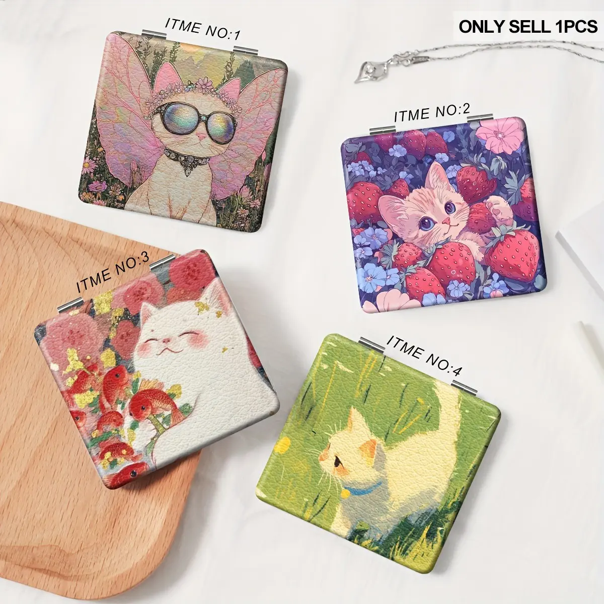 Cute Fantasy Cat Print Double-Sided Foldable Compact Mirror, Fairy Wing, Strawberry, Goldfish & Garden Kitten Portable Mini Handheld Makeup Mirror, Lovely Pocket Cosmetic Mirror, Perfect Gift for Cat Lovers, Girls & Teens for Travel Daily Holiday