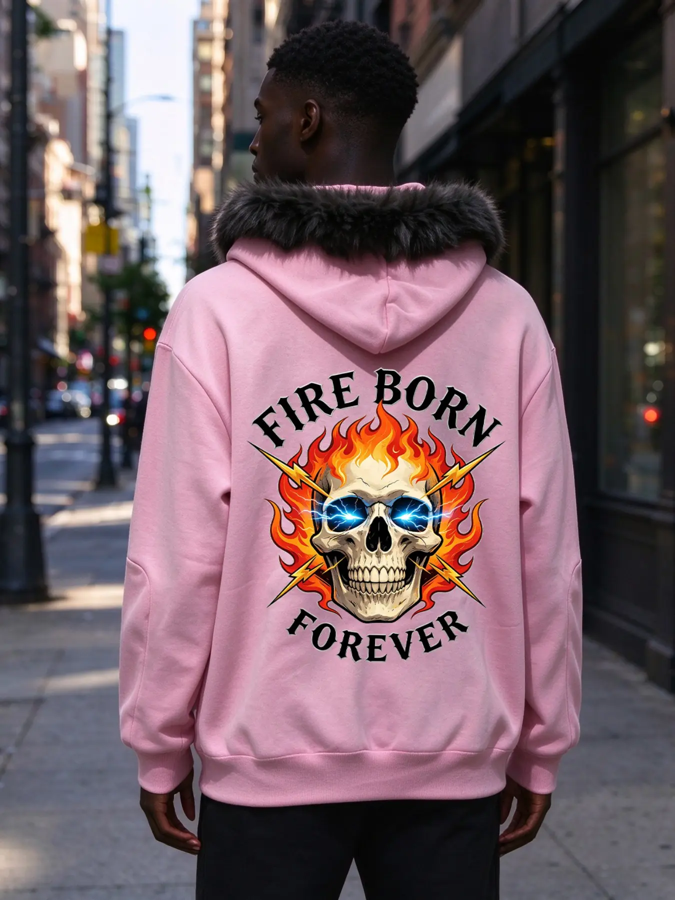 Fire Born Forever Flame Skull Back Print Fur Collar Jacket, Long Sleeve Loose-Fit Casual Coat, Animal Pattern Unlined Outerwear