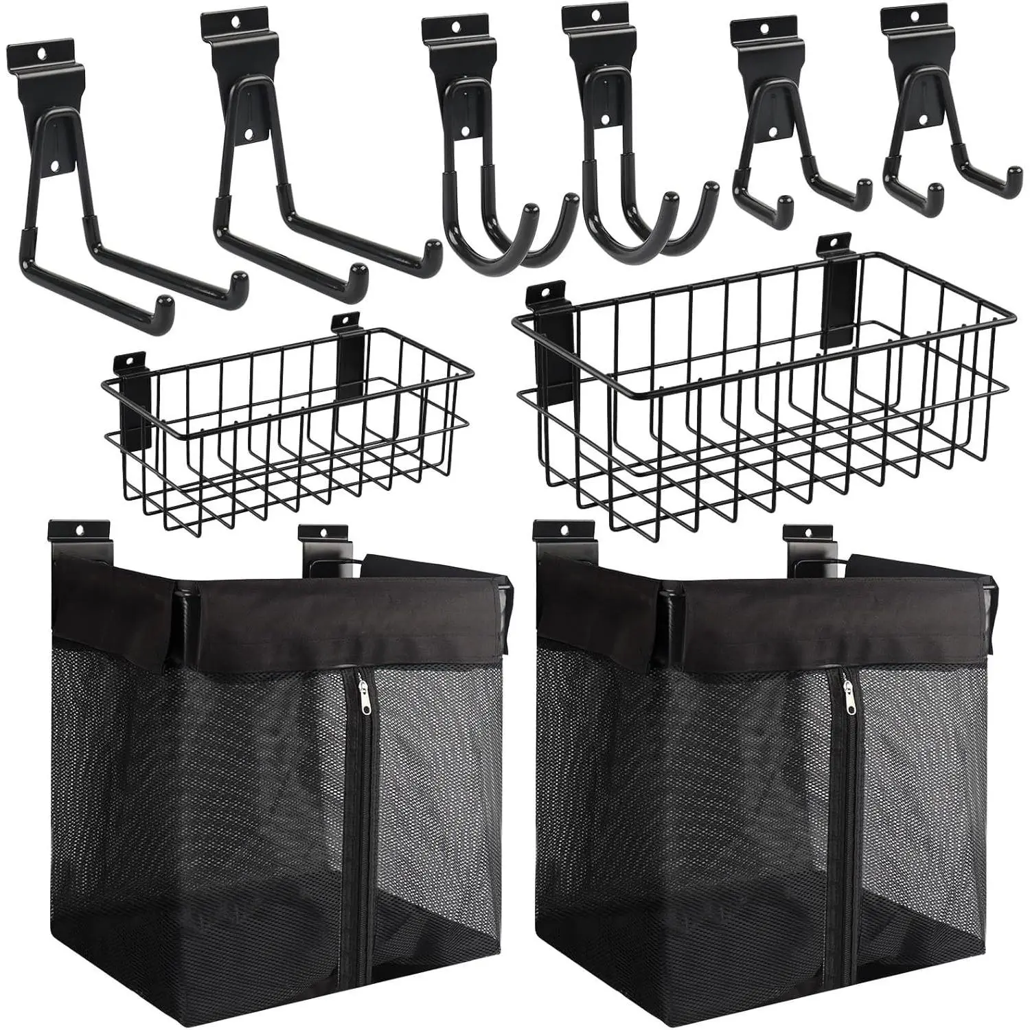 Slatwall Organiser Set - 2PCS 16x15x11in Steel Mesh Baskets with Zippers, 6PCS Heavy-Duty Hook Accessories, Easy-Install Storage for Garage Shop (Menswear & Underwear Display Compatible), Accessory