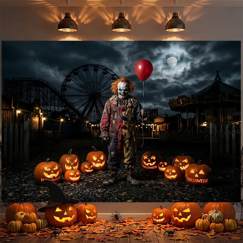 Spooky Clown, Glowing Jack-O'-Lanterns, Abandoned Amusement Park Halloween Backdrop, Photography Background, Photo Booth Background, Party Backdrop, Studio Backdrop, Video Background, Haunted House Backdrop, Perfect for Halloween Themed Parties, Live Stre