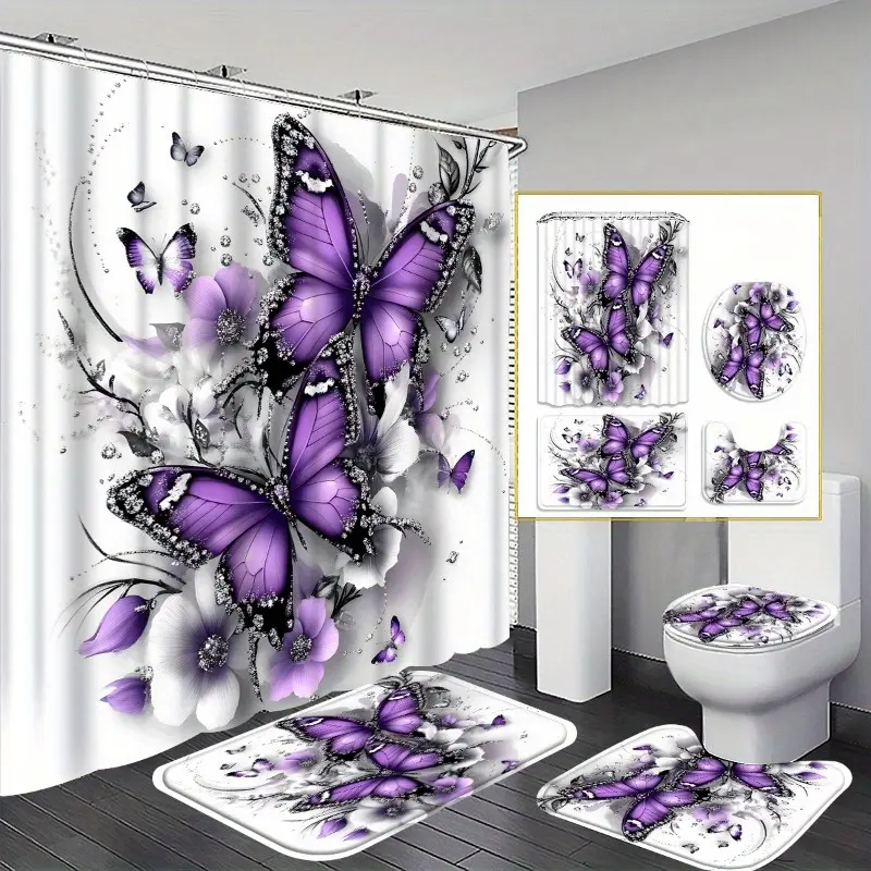 four-piece purple butterfly printed shower curtain set, dream purple and white flower printing bathroom decoration, including floor mat, U-shaped mat, toilet cover cover, dream style decoration