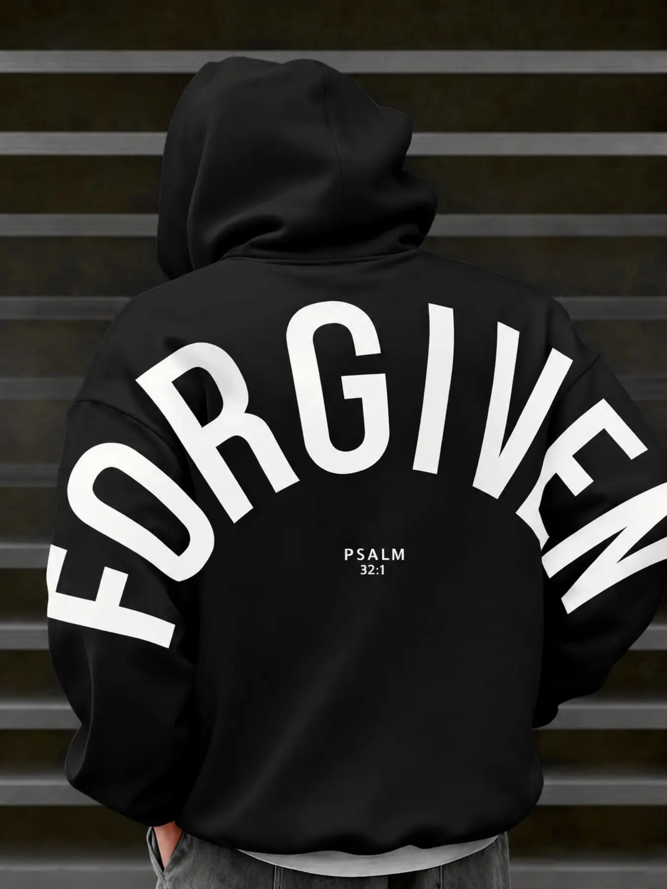 Hooded Sweatshirt, Back Arc Large Letter 'forgiven' with 'psalm 32:1' Print, Loose Fit, Casual Street Style, All Seasons