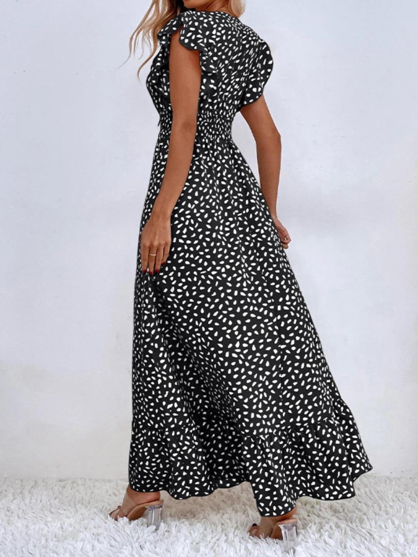 Women's Spring Summer Fashion Casual Floral V Neck Ruffle Waist Slim Bohemian Boho Style Dress, Long Cap Sleeve Fitted Wrap Dress for Vacation Women's Spring Summer Fashion Casual Floral V Neck Ruffle Waist Slim Bohemian Boho Style Dress, Long Cap Sleeve Fitted Wrap Dress for Vacation