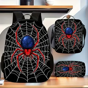 Three-piece red spider web pattern backpack set, including a daily backpack, a crossbody bag, and a portable pencil case