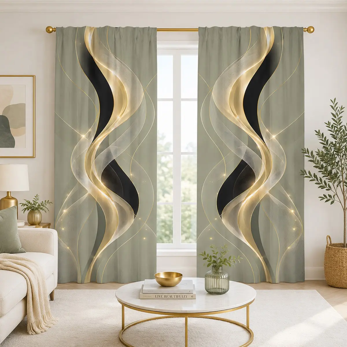 2pcs Gray-green with flowing gold ribbons, semi-blackout curtains. A modern, luxurious, sheer, wave-print fabric curtain made of polyester, suitable for bedrooms, kitchens, studies, cafes, etc.