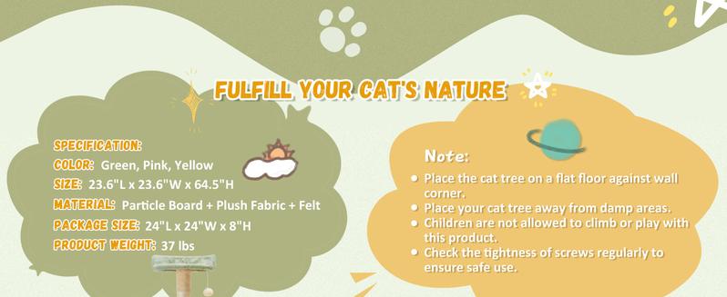 65" Flower Cat Tree Tower Cats Furniture, Multi-Level Cat Condo Activity Center Kitten Play House