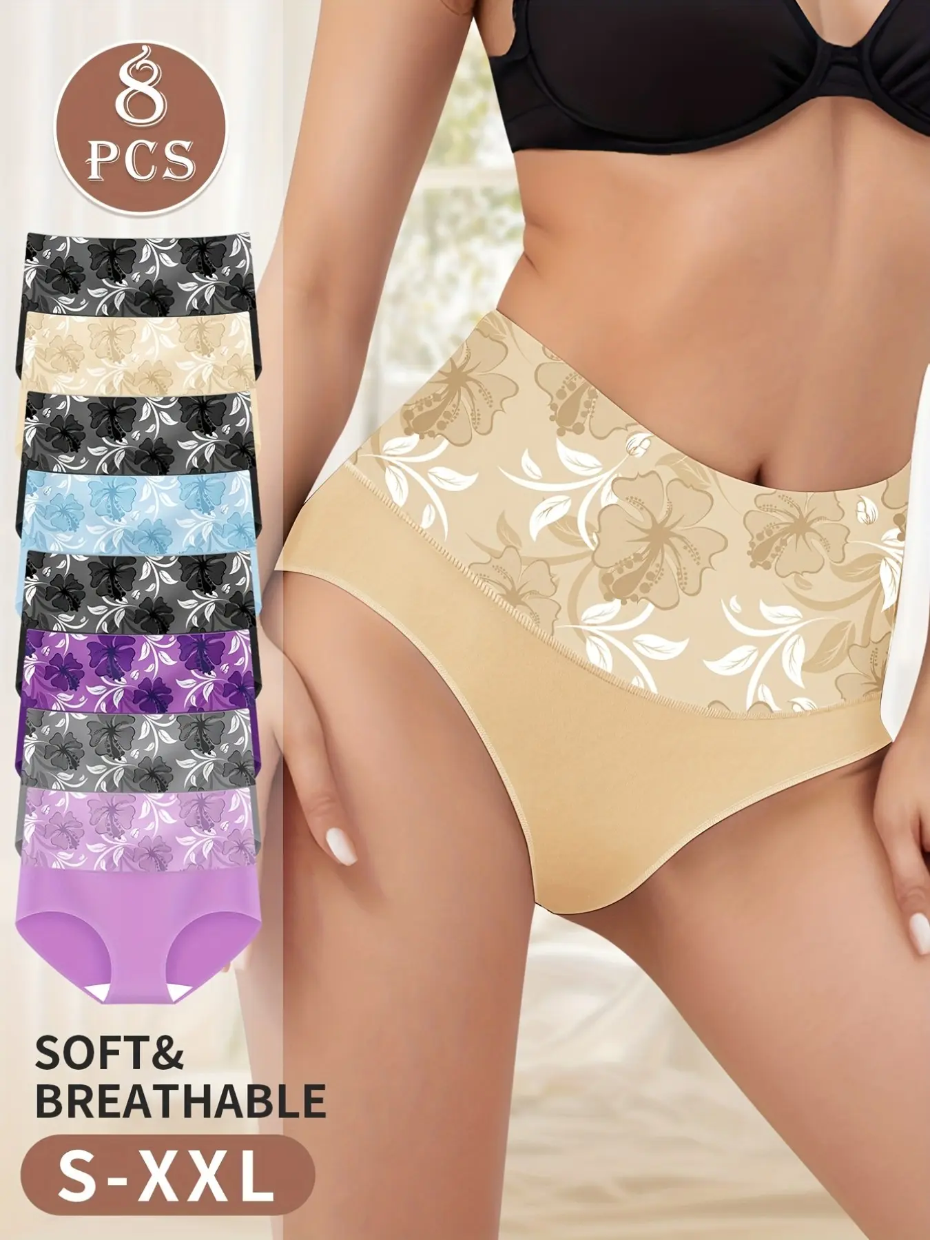 8 Pack Women's High Waisted Knitted Stretch Underwear, Boho Floral Print Elegant Soft & Breathable Briefs, Everyday Full Coverage Panties for Ladies, Elegance
