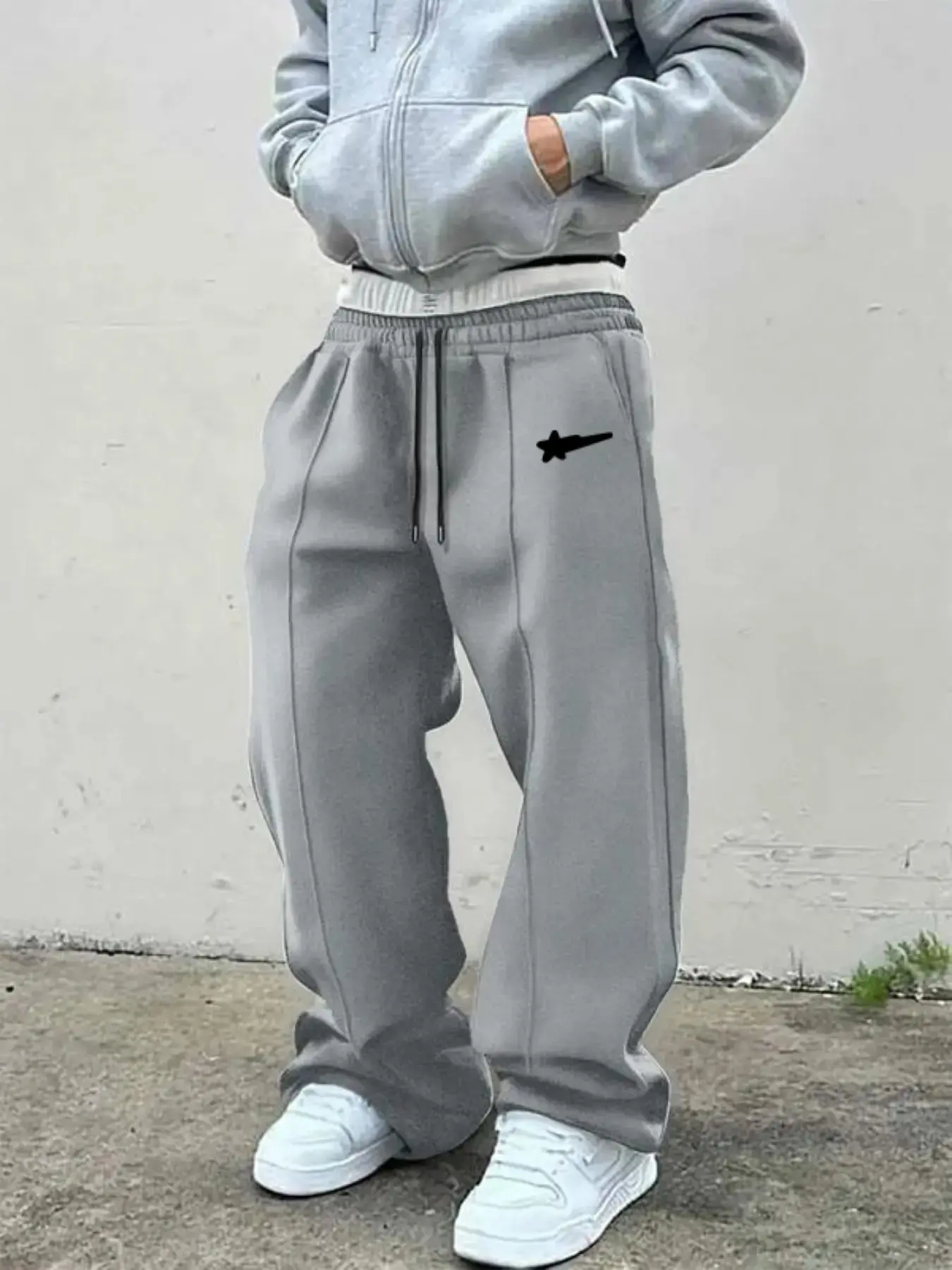 Men's Casual Streetwear Sweatpants, Thick Fleece Knit Sports Pants, Elastic Waist Drawstring, Comfortable Warm, Perfect for Daily Wear