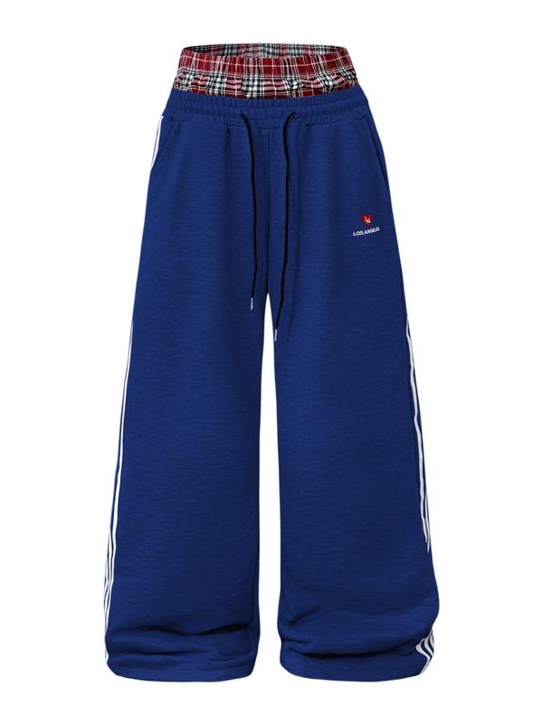 Men's Baggy Sweatpants High Waisted with Plaid Waistband, Trendy Wide Leg Lounge Pants, Casual Streetwear Joggers with Side Stripes