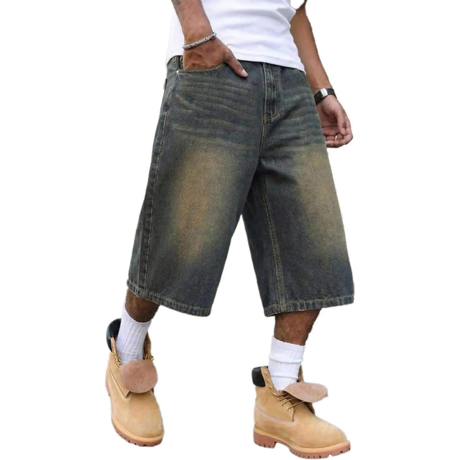 Mens Baggy Jean Shorts, Loose Fit Vintage Wide Leg Jorts, Y2K Streetwear Denim Capri Pants with Elastic Back Waistband
