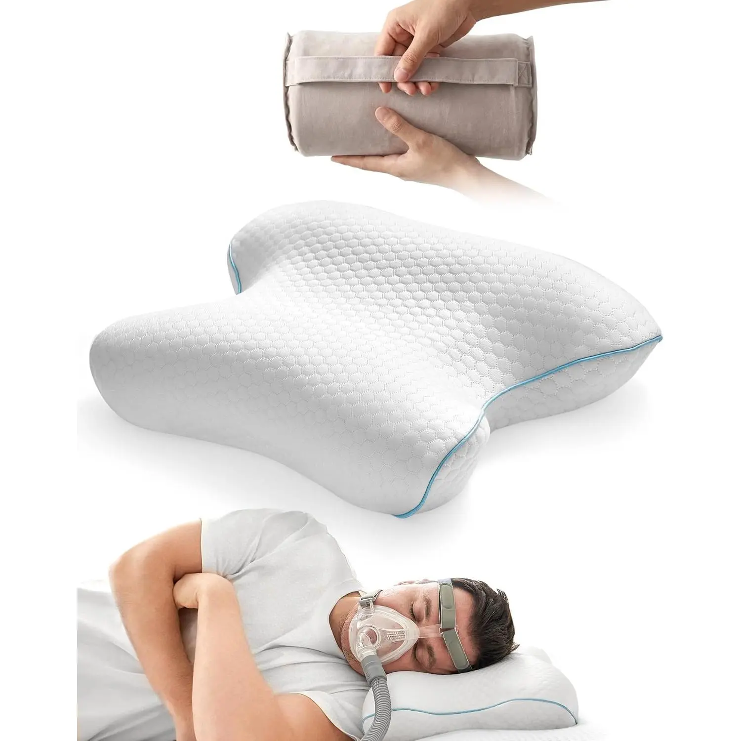 Memory Foam Camping CPAP Pillow, Small Travel Pillow for CPAP Users with Cooling Washable Cover, Packable Neck Pillow for Backpacking Camping Hotel