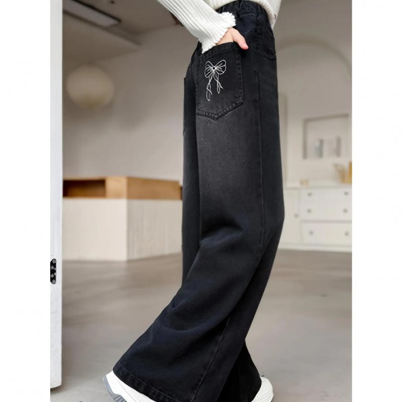 Y2K Girls' Vintage Wide-Leg Jeans with Back Pocket Bow Embroidery Design, Korean Style Loose Slimming Long Pants for Older Girls, Versatile Trendy Pants for Girls