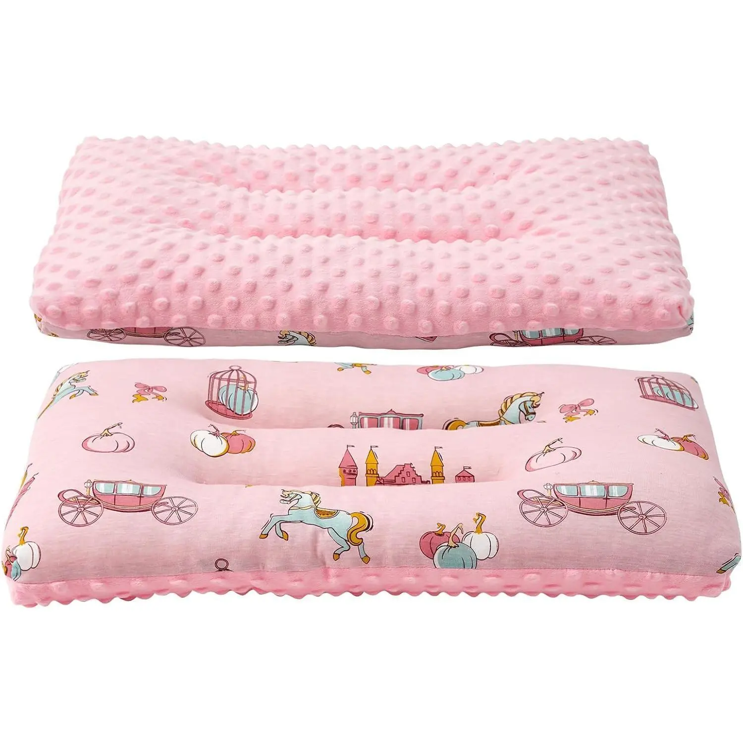 Toddler Pillow, 1Pcs, Double Sided Breathable Soft Cotton & Minky Dot Fabric Kids Pillow Cute Small Pillow Machine Washable (Pink Carriage)