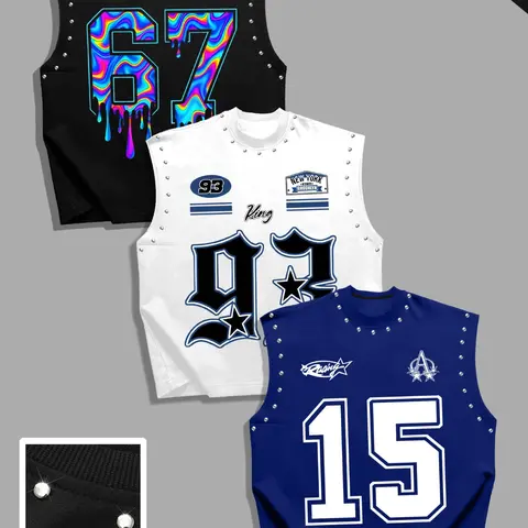 Summer Unisex Sleeveless Vest Set, American Retro Digital Print + Rivet Design, Streetwear Fitness Casual Wear, Trendy and Comfortable, Sleeveless Sports Vests
