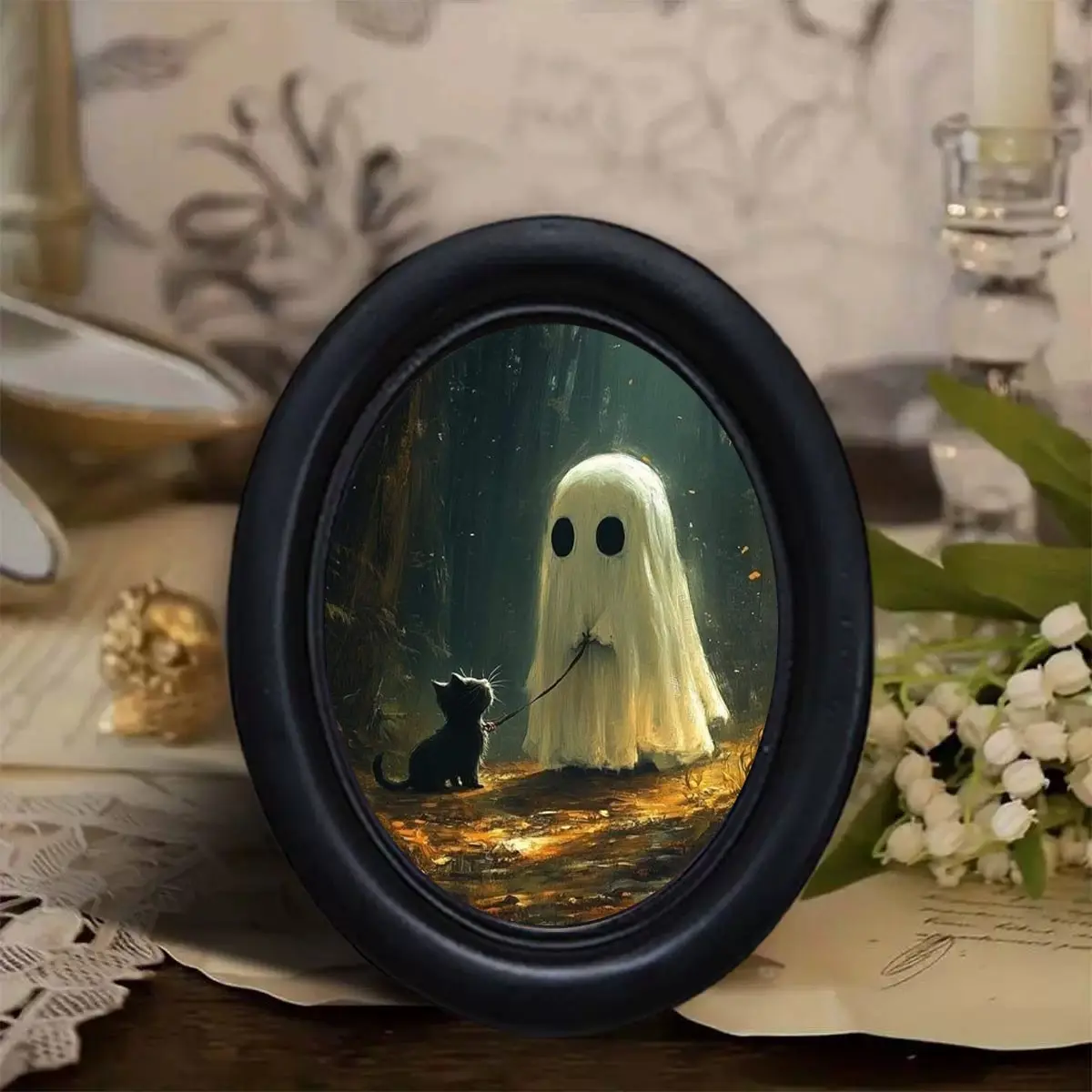 Vintage Gothic Halloween Ghost Cat Art Frame, Dark Forest Scene Desk Decor, Unique Wall Hanging, Halloween Home Decoration