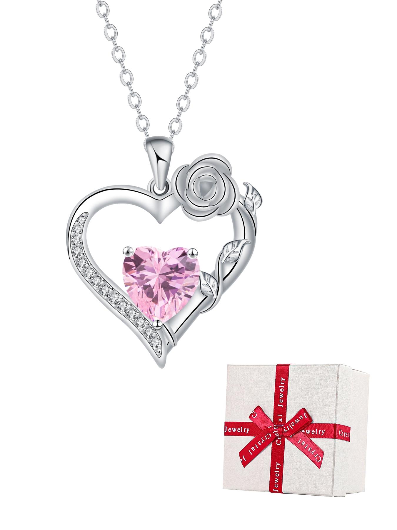 Rose Flower Heart Pendant Necklace With Rose Jewelry Gift Box, Love Heart Necklace, Anniversary Birthday Gifts for Women Mom Wife Her, Mother's Day Jewelry Gift for Mom
