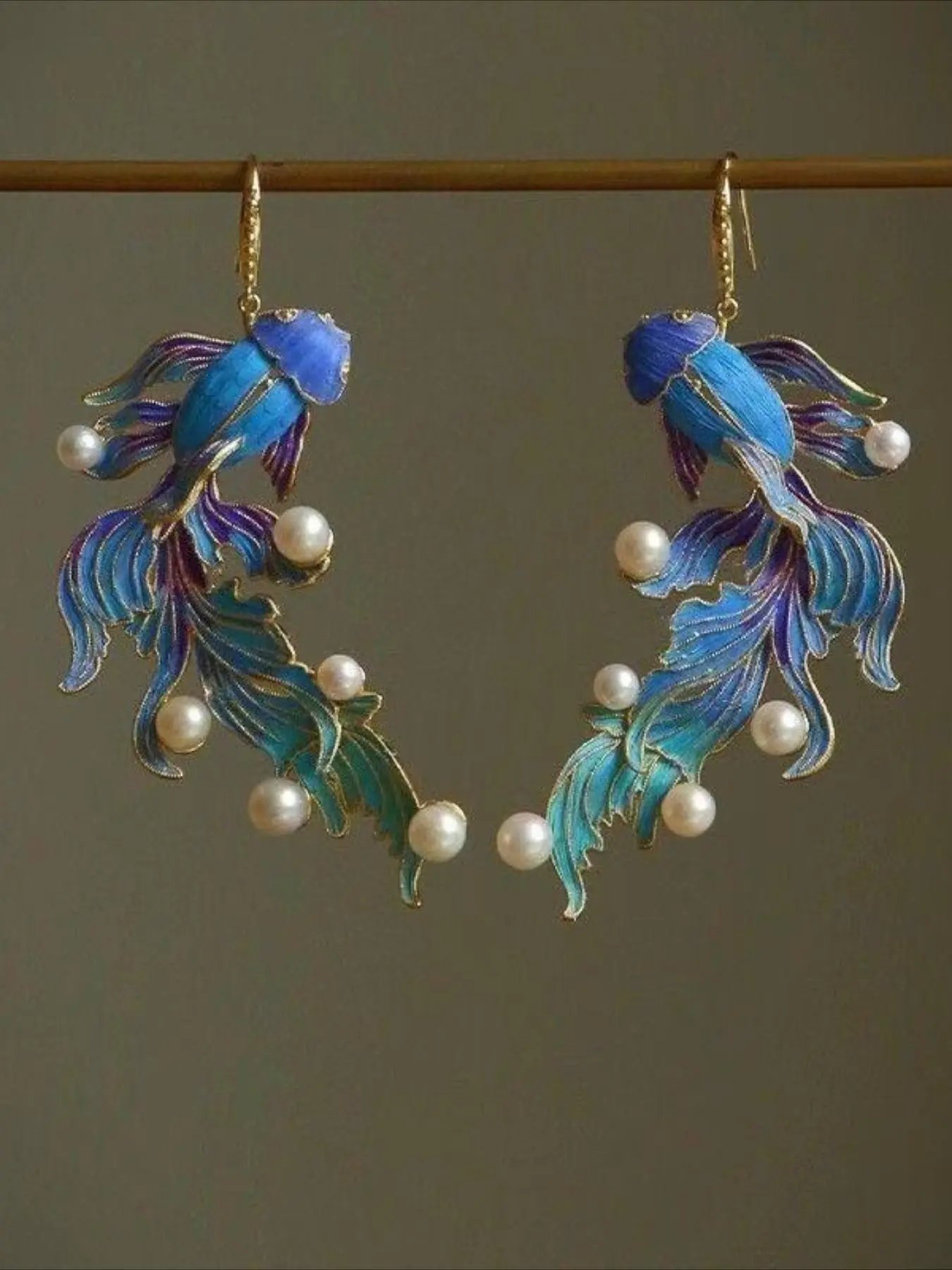 Vintage Ethnic Blue Koi Earrings, Elegant Enamel Fish Design, Unique Personality Jewelry, Women's Party Holiday Ear Rings