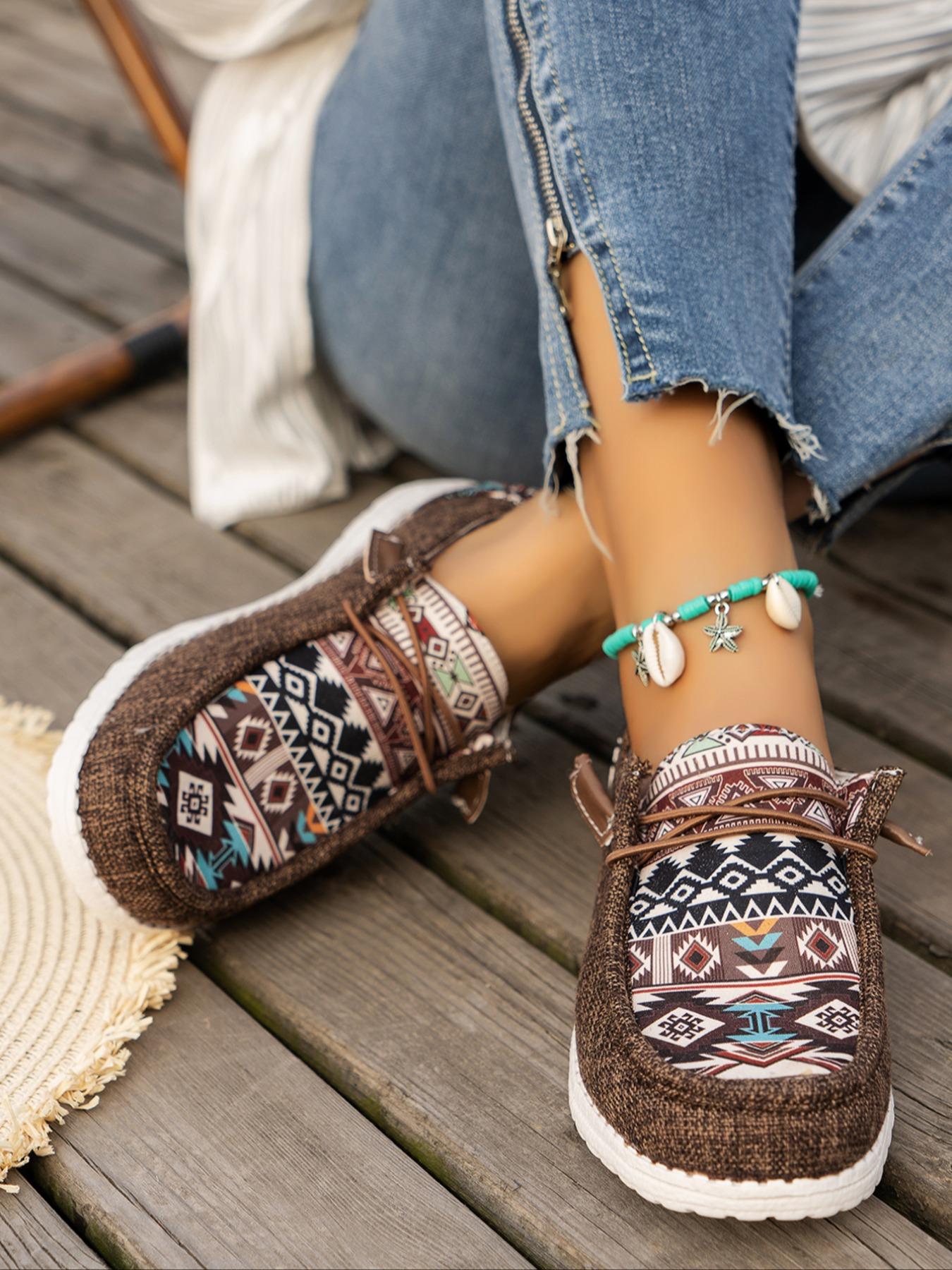 Women's Boho Style Ethnic Random Pattern Slip on Sneakers, Casual Comfortable Round Toe Shoes for Daily Wear, Perfect for Women and Outdoor, As Gift for Wife, Girl Friend, Daughter