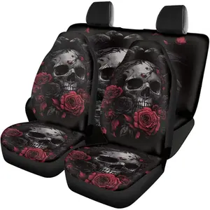Skull Car Seat Cover Rose Automotive Seat Cover Universal Full Set for Front and Back Seat Practical for All Seasons Independence Day Decor