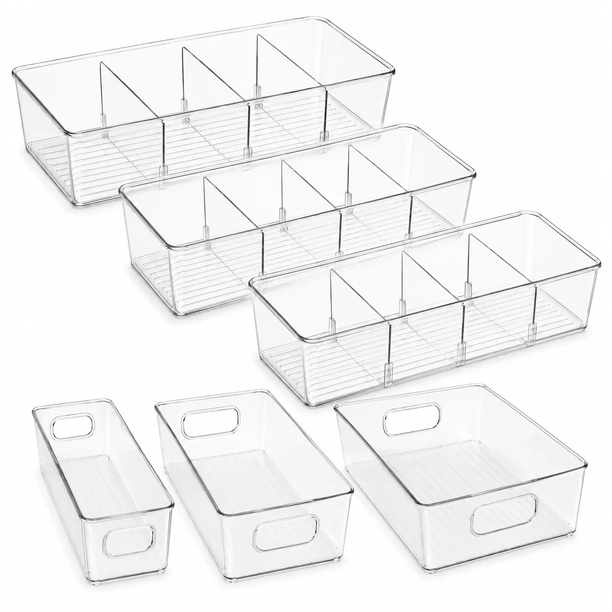 ZHOHO TANT 6-Pack Plastic Bin Storage Boxes (10.23x5.59x2.95in) - 3 Separator Units with Adjustable Removable Trays & Dividers, 3 Handle-Equipped Multi-Size Snack Organizer Storage Boxes for Fridge, Kitchen Cabinet