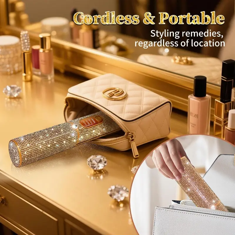Rhinestone Decor Mini Hair Styler, Rechargeable Multifunctional Styling Tool with Fast Heat & 3 Temp Settings - Portable 5000mAh for Travel, Colored Diamond, Heated Curler, Straightener, Cordless