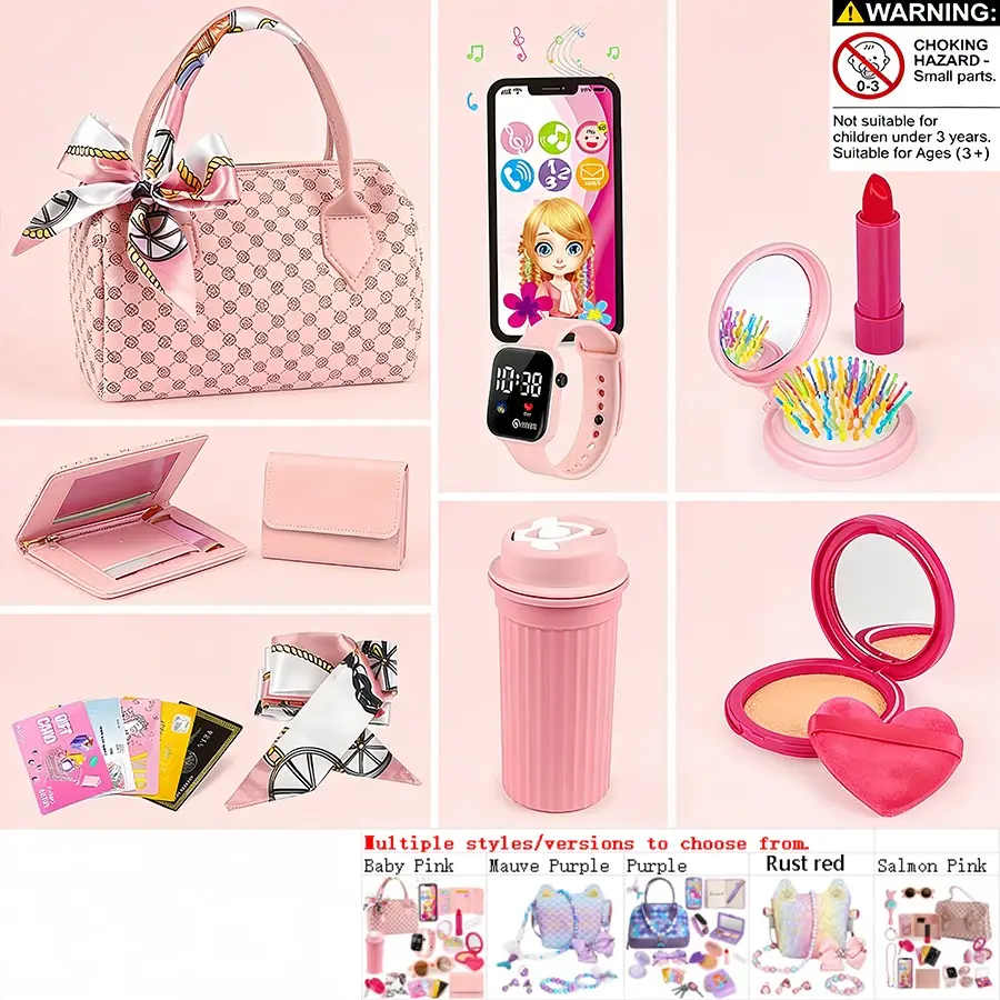 Realistic Girl Handbag Toy Set, Colorful Pretend Play Accessories, Includes Phone Wallet Makeup Toys, Perfect Birthday Gift for Girls（This product is available in multiple options.100mah Button Battery）