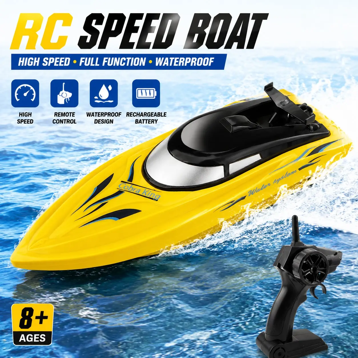 2.4g High-Speed Remote Control Boat, Rechargeable Water Toy with 3.7v 650mah Lithium Battery, USB Charging Cable Included, Pool Racing Model