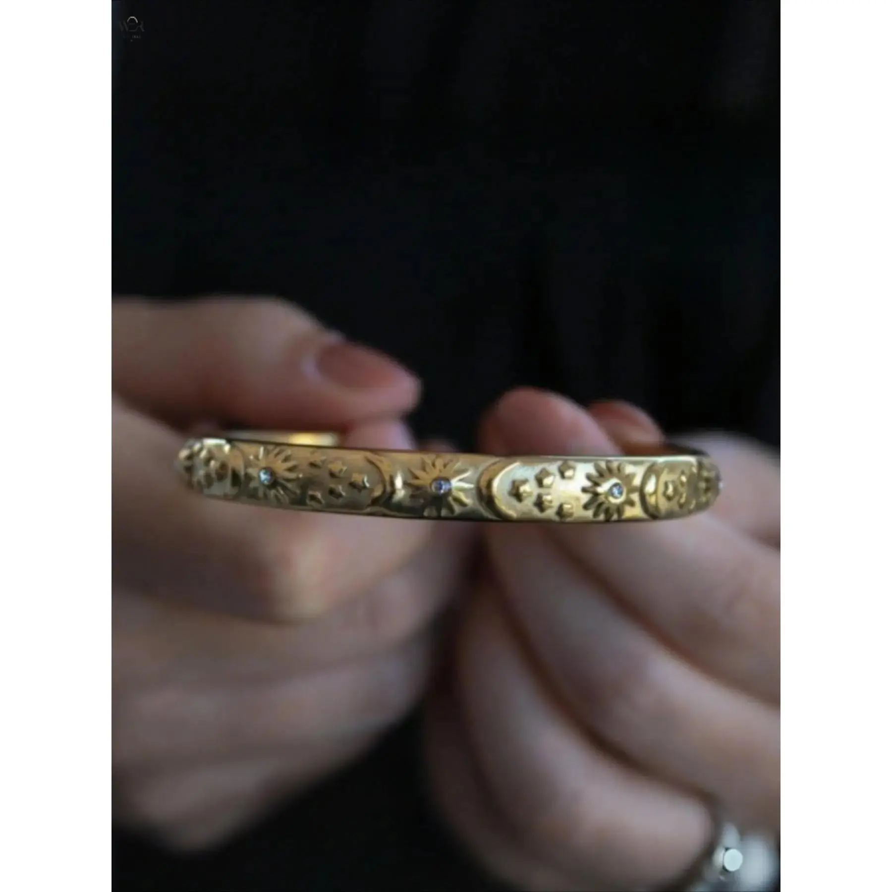 18 Karat Gold Plated Vintage Retro Engraved Sun Moon Star Cuff Bangle - Stainless Steel Open Cuff Bracelet with Crystal Accent, Daily Wear Engraving Jewelry Gift for Women, Wipe Clean