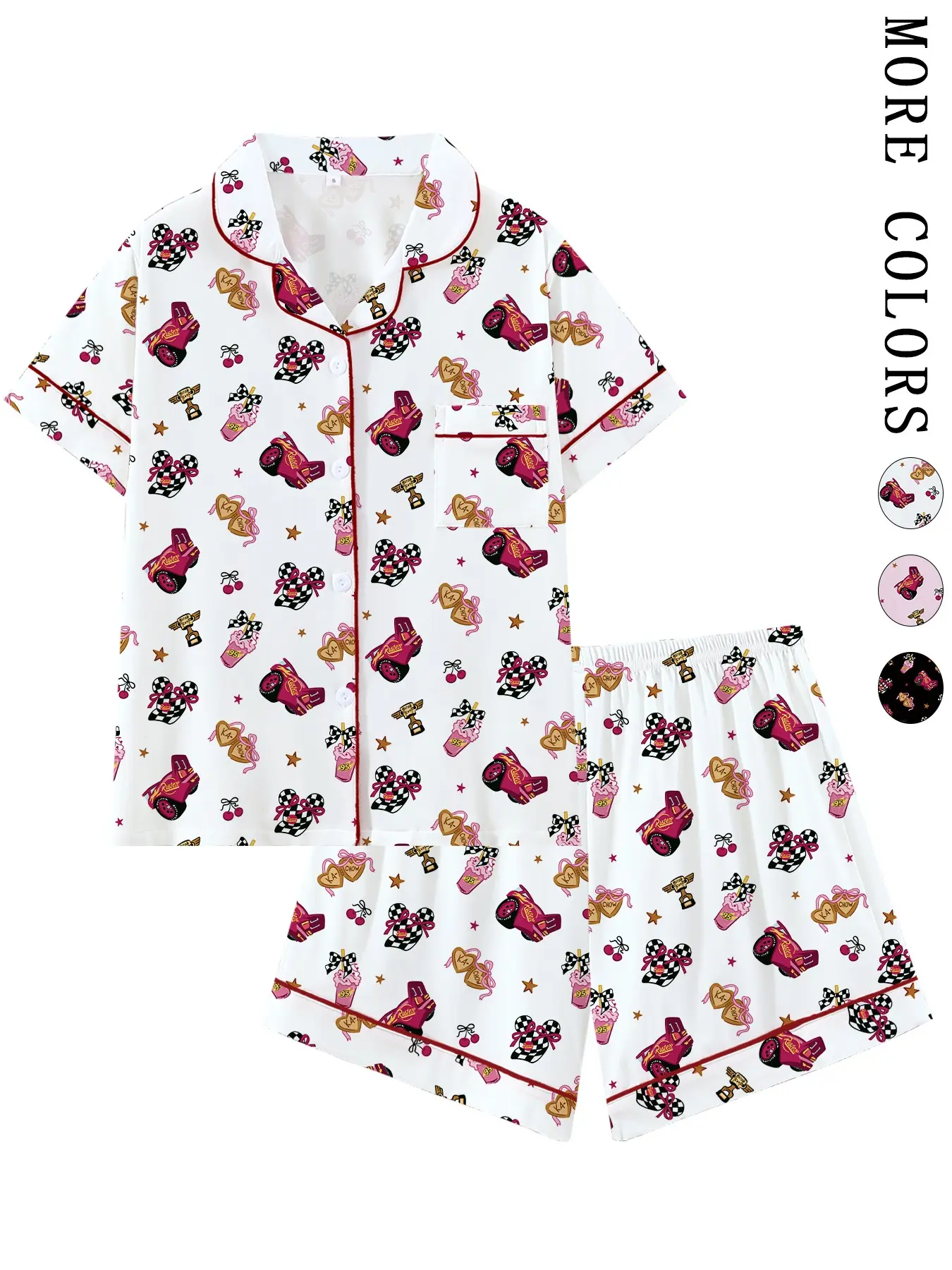 Coquette Racing Aesthetic Pajama Set | Cute Pink Race Car & Checkered Bow Print Sleepwear | Soft Short Sleeve Button Down Lounge Outfit with Red Piping | Fun 2-Piece Summer PJs | Sweet Novelty Nightwear Gift | Loungewear