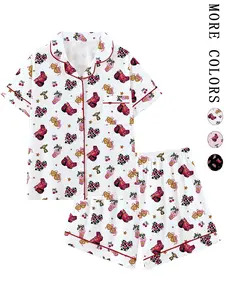 Coquette Racing Aesthetic Pajama Set | Cute Pink Race Car & Checkered Bow Print Sleepwear | Soft Short Sleeve Button Down Lounge Outfit with Red Piping | Fun 2-Piece Summer PJs | Sweet Novelty Nightwear Gift