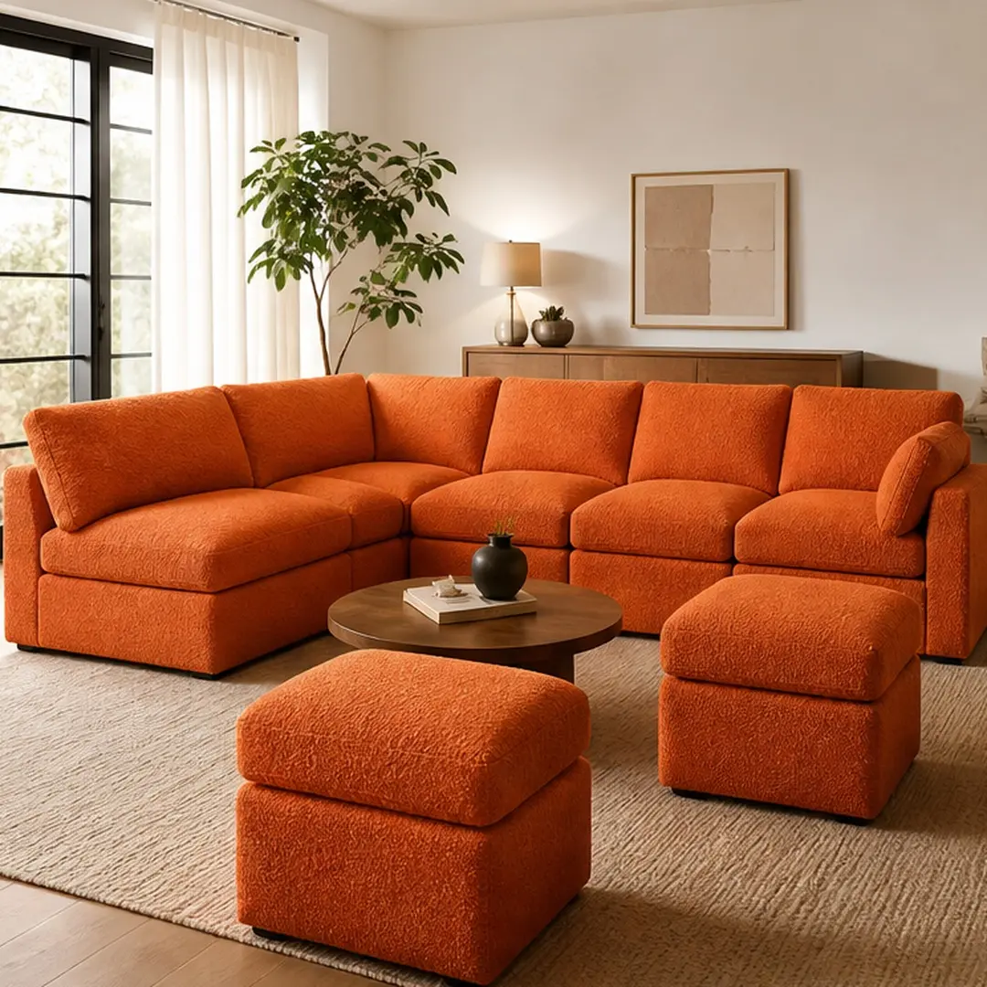 ARCH 107in Modern Boucle L-Shaped Sectional Sofa - 7-Seat DIY Modular Living Room Furniture with 2 Moveable Ottomans, Cloud Couch, Pillows, High-Elastic Sponge, Square Arms, Pillow Back, Orange, Living Room Decor, Furniture Living Room