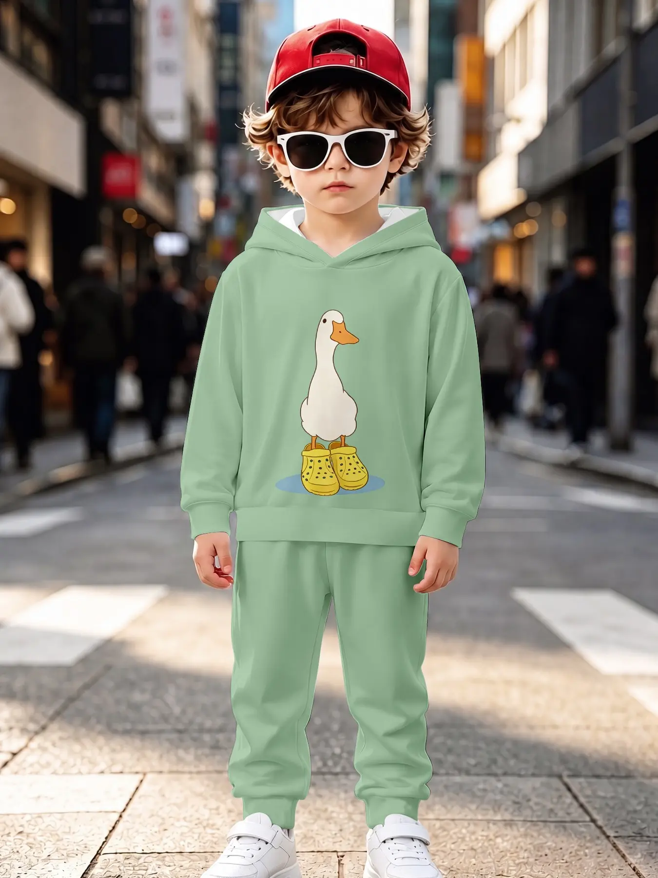 Adorable Goose Kids Hooded Set, Long Sleeve Loose-Fit Sweapants, All over Print, Casual Fall & Winter, Natural Waist Design