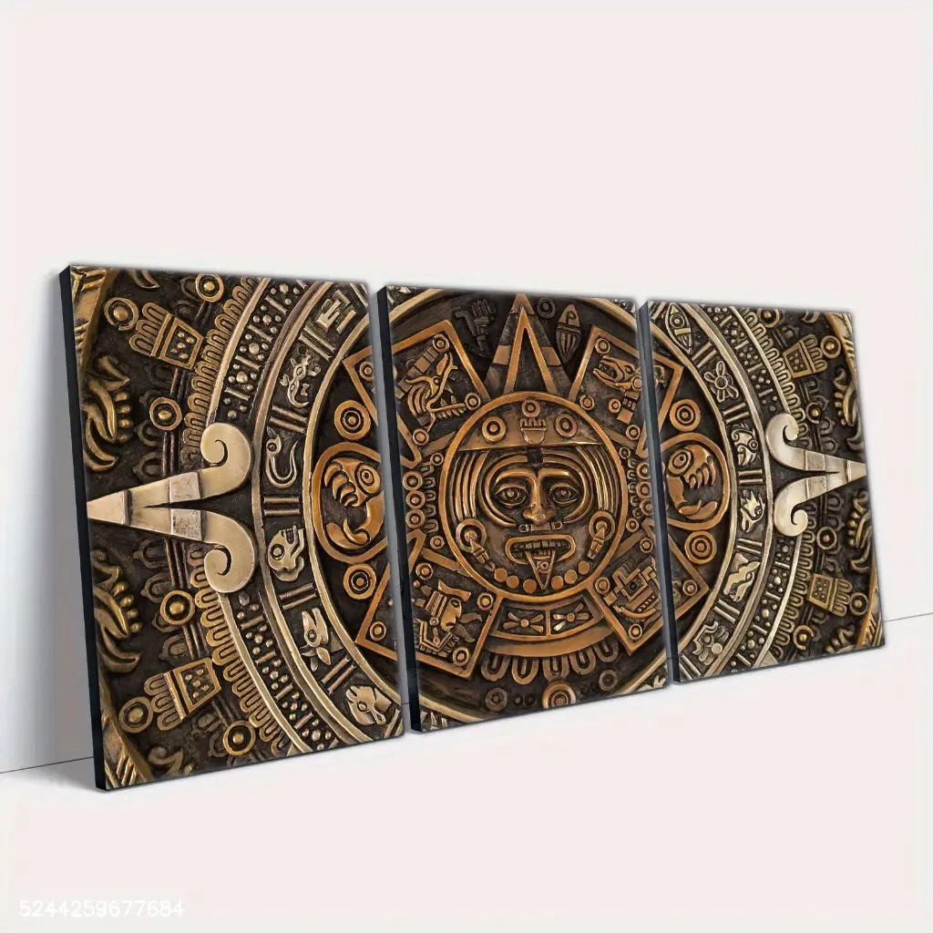 2D/Flat, 3-Piece Canvas Poster Set - Aztec Calendar Art Triptych - Canvas Wall Art - Poster - Room Decoration - Wall Decoration - Living Room Decoration - Bedroom Decoration - Home Decoration - Personalized Canvas Photo - Personalized Canvas Frame - Perfe