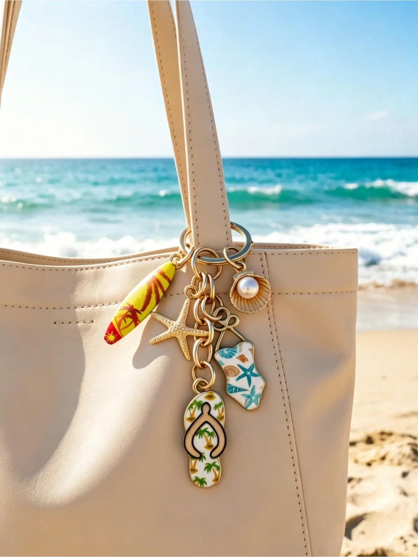 Summer Beach Theme Keychain, Surfboard, Starfish, Shell, Bikini, Sandal Pendant, Cute, Suitable for Women and Girls, Bag Charm