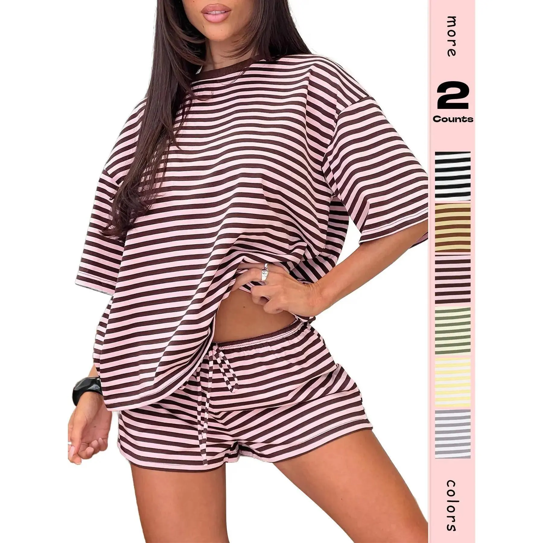 Comfort Summer Matching Suit | Adjustable Drawstring Striped Tee + Baggy Shorts for Ladies